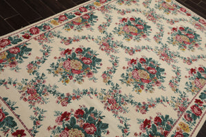 5x8 Ivory, Aqua, Teal Color Hand Woven Aubusson Needlepoint Wool Traditional Oriental Rug
