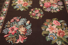 6x9 Chocolate, Pink, Green Color Hand Woven Aubusson Needlepoint Wool Traditional Oriental Rug