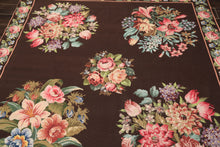 6x9 Chocolate, Pink, Green Color Hand Woven Aubusson Needlepoint Wool Traditional Oriental Rug