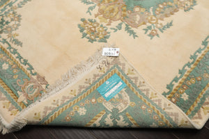 6x9 Ivory, Turquoise, Gold Color Hand Knotted French Aubusson Savonnerie Wool Traditional Oriental Rug