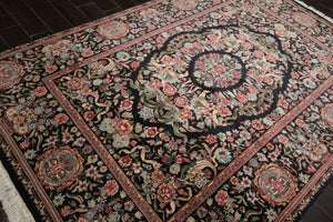6x9 Charcoal, Ivory, Rose Color Hand Knotted French Aubusson Savonnerie Wool Traditional Oriental Rug