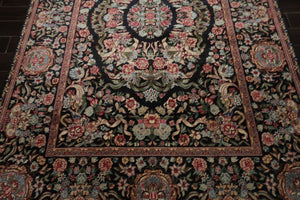 6x9 Charcoal, Ivory, Rose Color Hand Knotted French Aubusson Savonnerie Wool Traditional Oriental Rug