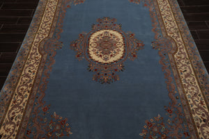 6x9 Blue, Ivory, Taupe Color Hand Knotted French Aubusson Savonnerie Wool Traditional Oriental Rug