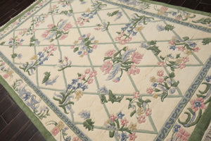 6x9 Ivory, Mint, Blush Color Hand Knotted French Aubusson Savonnerie New Zealand Wool Traditional Oriental Rug
