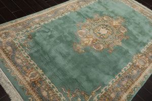 6x9 Aqua, Ivory, Taupe Color Hand Knotted French Aubusson Savonnerie New Zealand Wool Traditional Oriental Rug