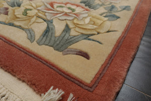 5x8 Rose, Ivory, Aqua Color Hand Knotted French Aubusson Savonnerie Wool Traditional Oriental Rug