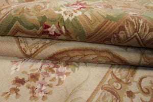 5x8 Beige, Tan, Green Color Hand Woven Aubusson Savonnerie Wool Traditional Oriental Rug