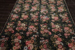6x9 Black, Green, Ivory Color Hand Knotted Aubusson Savonnerie Wool Traditional Oriental Rug
