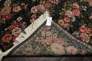 6x9 Black, Green, Ivory Color Hand Knotted Aubusson Savonnerie Wool Traditional Oriental Rug