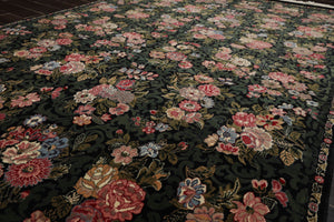 6x9 Black, Green, Ivory Color Hand Knotted Aubusson Savonnerie Wool Traditional Oriental Rug