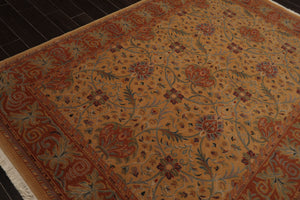 6x9 Gold, Burnt Orange, Green Color Machine Made French Aubusson Savonnerie New Zealand Wool Transitional Oriental Rug