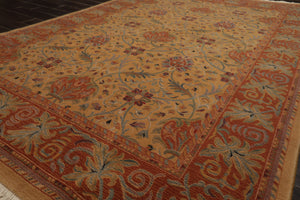 6x9 Gold, Burnt Orange, Green Color Machine Made French Aubusson Savonnerie New Zealand Wool Transitional Oriental Rug