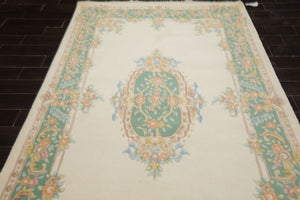 6x9 Ivory, Aqua, Peach Color Hand Knotted Aubusson Savonnerie Wool Traditional Oriental Rug