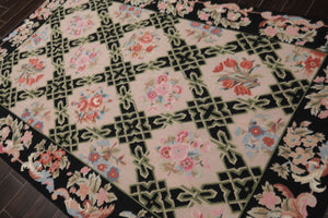5x8 Blush, Black, Aqua Color Hand Woven French Needlepoint Wool Traditional Oriental Rug