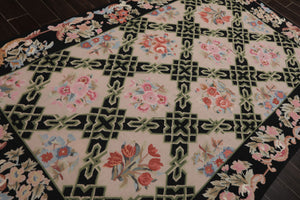 5x8 Blush, Black, Aqua Color Hand Woven French Needlepoint Wool Traditional Oriental Rug