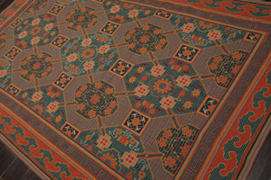 6x9 Teal, Orange, Gold Color Hand Woven French Needlepoint Wool Art Deco Oriental Rug