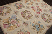 6x9 Ivory, Rose, Blue Color Hand Woven French Needlepoint Wool Traditional Oriental Rug