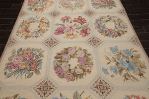 6x9 Ivory, Rose, Blue Color Hand Woven French Needlepoint Wool Traditional Oriental Rug