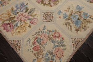 6x9 Ivory, Rose, Blue Color Hand Woven French Needlepoint Wool Traditional Oriental Rug