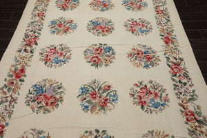 6x9 Ivory, Rose, Red Color Hand Woven French Needlepoint Wool Traditional Oriental Rug