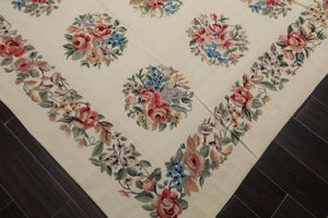 6x9 Ivory, Rose, Red Color Hand Woven French Needlepoint Wool Traditional Oriental Rug