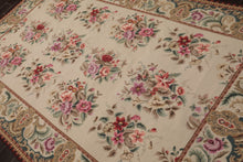 6x9 Ivory, Teal, Brown Color Hand Woven French Needlepoint Wool Traditional Oriental Rug