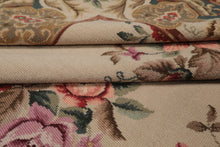 6x9 Ivory, Teal, Brown Color Hand Woven French Needlepoint Wool Traditional Oriental Rug