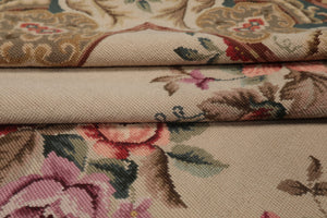6x9 Ivory, Teal, Brown Color Hand Woven French Needlepoint Wool Traditional Oriental Rug
