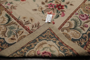 6x9 Ivory, Teal, Brown Color Hand Woven French Needlepoint Wool Traditional Oriental Rug