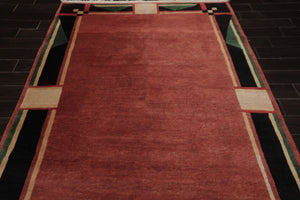 6x9 Rust, Black, Green Color Hand Knotted Tibetan New Zealand Wool Art Deco Oriental Rug
