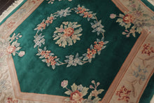 Square Emerald, Tan, Taupe Color Hand Knotted Aubusson Savonnerrie Wool Traditional Oriental Rug