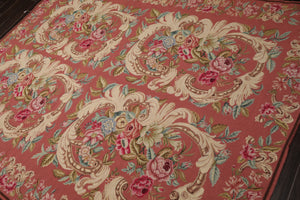 6x9 Rose, Ivory, Pink Color Hand Woven French Needlepoint Wool Traditional Oriental Rug