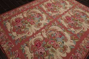 6x9 Rose, Ivory, Pink Color Hand Woven French Needlepoint Wool Traditional Oriental Rug