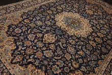 9x13 Navy, Ivory, Beige Color Hand Knotted Kashan Wool Traditional Oriental Rug