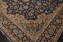 9x13 Navy, Ivory, Beige Color Hand Knotted Kashan Wool Traditional Oriental Rug