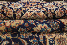 9x13 Navy, Ivory, Beige Color Hand Knotted Kashan Wool Traditional Oriental Rug