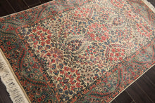 4x6 Ivory, Aqua, Navy Color Hand Knotted Kerman New Zealand Wool Traditional Oriental Rug