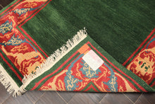 4x7 Green, Coral, Peach Color Hand Knotted Tibetan Wool Transitional Oriental Rug