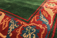 4x7 Green, Coral, Peach Color Hand Knotted Tibetan Wool Transitional Oriental Rug