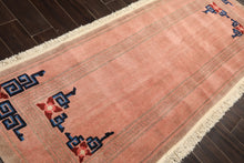 7 Runner Blush, Brown, Navy Color Hand Knotted Tibetan Wool Transitional Oriental Rug