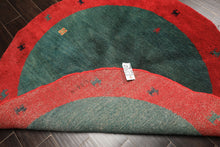 Round Green, Red, Gold Color Hand Knotted Gabbeh Wool Modern & Contemporary Oriental Rug