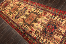 Runner Light Gold, Coral, Navy Color Hand Knotted Kurdish Hamadan Wool Traditional Oriental Rug