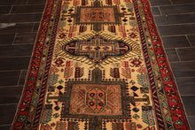 Runner Light Gold, Coral, Navy Color Hand Knotted Kurdish Hamadan Wool Traditional Oriental Rug