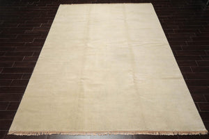 9x12 Beige with Green Undertones Color Hand Knotted Solid Wool Contemporary Oriental Rug