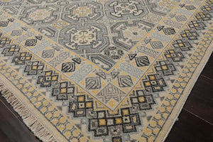 9x12 Ivory, Gray, Blue Color Hand Knotted High End Designer Wool Transitional Oriental Rug