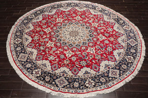 LoomBloom 10'x10' Round Red Hand Knotted Traditional Botanical Esfahan 250 KPSI  Wool & Silk Oriental Area Rug