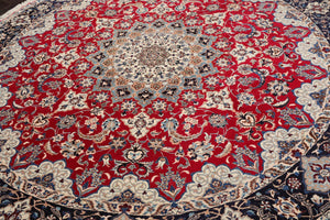 LoomBloom 10'x10' Round Red Hand Knotted Traditional Botanical Esfahan 250 KPSI  Wool & Silk Oriental Area Rug