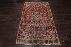 LoomBloom 4'5''x6'9" Red Hand Knotted Traditional Heriz Wool Oriental Area Rug