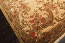Palace Tan, Gold, Green Color Hand Knotted French Aubusson Savonnerie New Zealand Wool & Silk Traditional Oriental Rug