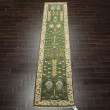 Runner Green, Ivory, Brown Color Hand Knotted Oushak Wool Traditional Oriental Rug